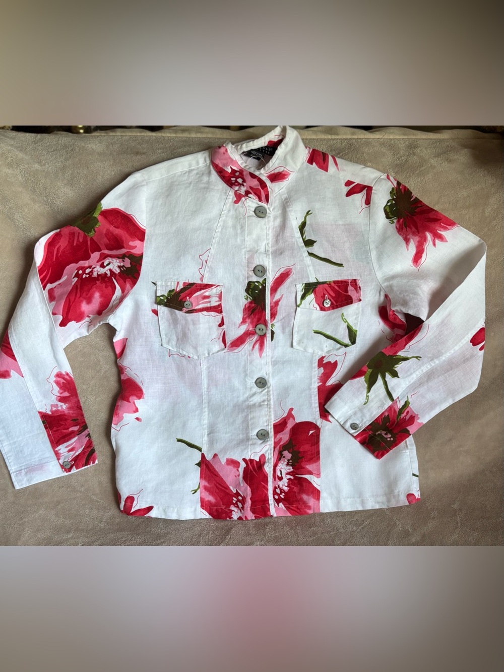 Carole Little Red and White Floral Linen Utility Jacket Medium